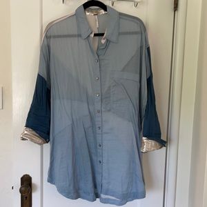 Free people blue button up sheer oversized top